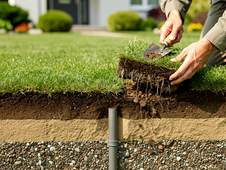 Boden richtig entwässern für einen gesunden Rasen mit optimaler Drainage Garten mit professioneller Drainage für optimal entwässerten Rasen und gesunden Boden