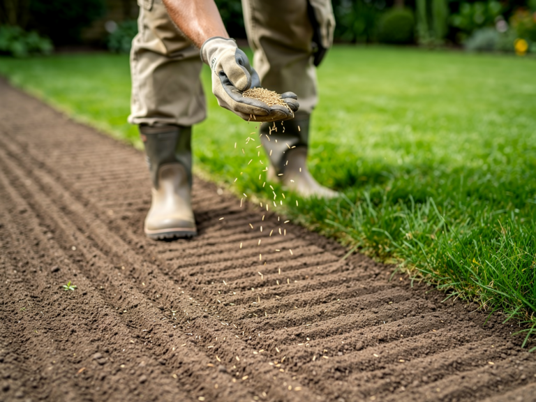 Handsäen von Rasensamen auf vorbereiteten kleinen Gartenflächen für dichten Rasen