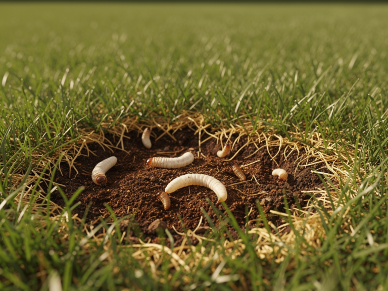Nahaufnahme von c-förmigen Gartenlaubkäfer Larven im Grasboden beschädigtem Rasen