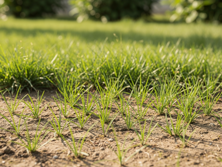 Warum das Gräserwachstum langsam ist und wie Sie es fördern können Langsam wachsender Rasen mit kahlen Stellen und Bodenvorbereitung im Garten