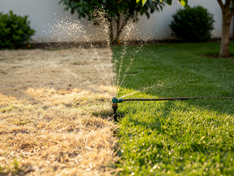 So schützen Sie Ihren Garten effektiv vor Hitzestress im Rasen Vertrockneter Rasen mit braunen Stellen durch Hitzestress im Sommergarten