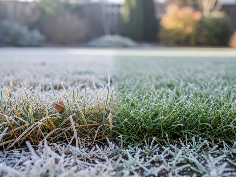 Winterlicher Rasen mit gelblichen Frostschäden durch Kältestress und kahle Stellen