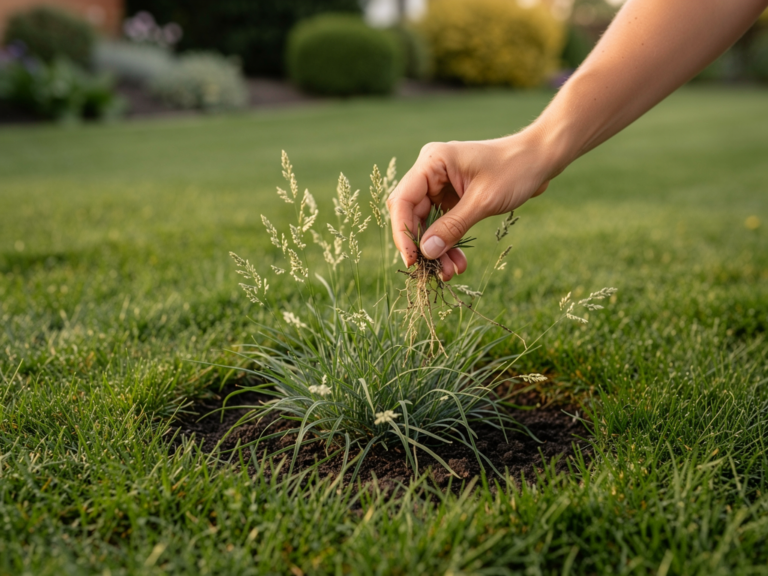 Poa annua im Garten erkennen und gezielt erfolgreich bekämpfen Poa annua mit hellgrünen Blättern und weißen Blüten im Hausgartenrasen