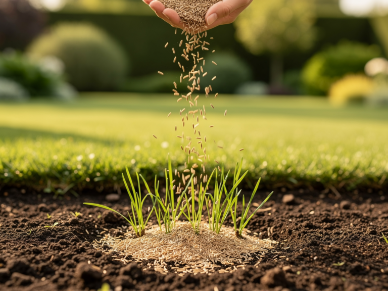 Rasen Ansaat richtig durchführen für einen dichten und gesunden Garten Garten mit frisch angesätem Rasen und sorgfältig vorbereiteten Bodenflächen