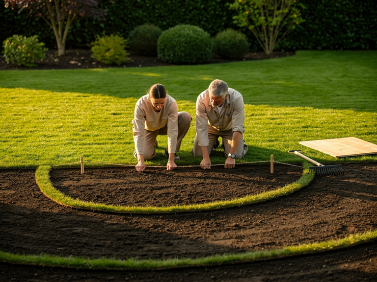 Frisch vorbereiteter Gartenboden beim Rasen Aufbau mit Saatgut und Werkzeugen