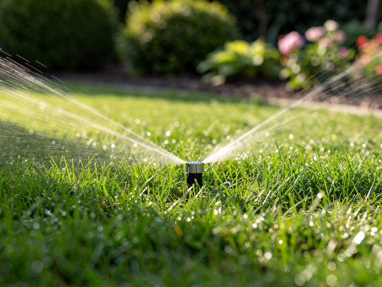 Grüner Garten mit gesunder Rasenfläche dank effektiver Bewässerung im Sommer