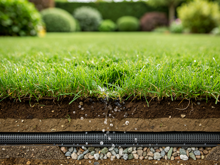 Warum eine funktionierende Rasen Drainage für gesunden Rasen unerlässlich ist Funktionierende Rasen Drainage verhindert Staunässe für gesunden und belastbaren Rasen