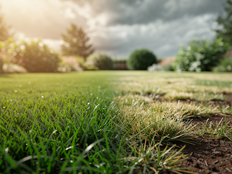 Wie das Klima den Rasenwuchs beeinflusst und was Sie beachten sollten Grüner Rasen im Garten zeigt Einfluss von Klima auf gesundes Wachstum