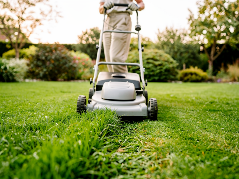 Mann mäht mit Rasenmäher grünen Garten für gesunden dichten Rasen
