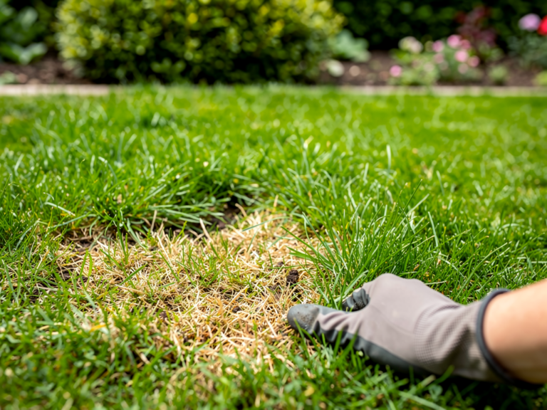 Rasen mit typischen Pilzfruchtkörpern und braunen Flecken im Gartenboden