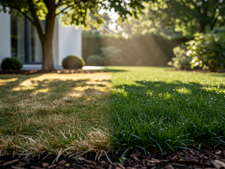 Grüner Schattenrasen mit dichtem Wachstum unter schattigen Bäumen im Garten
