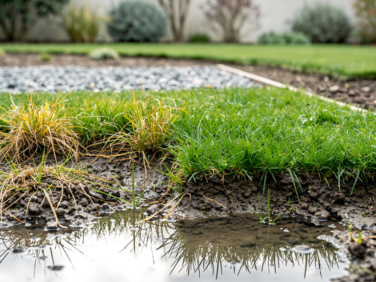 Wie Staunässe im Rasen dem Boden schadet und welche Maßnahmen wirklich helfen Staunässe im Rasen mit stehenden Wasserpfützen und verdichtetem Boden sichtbar