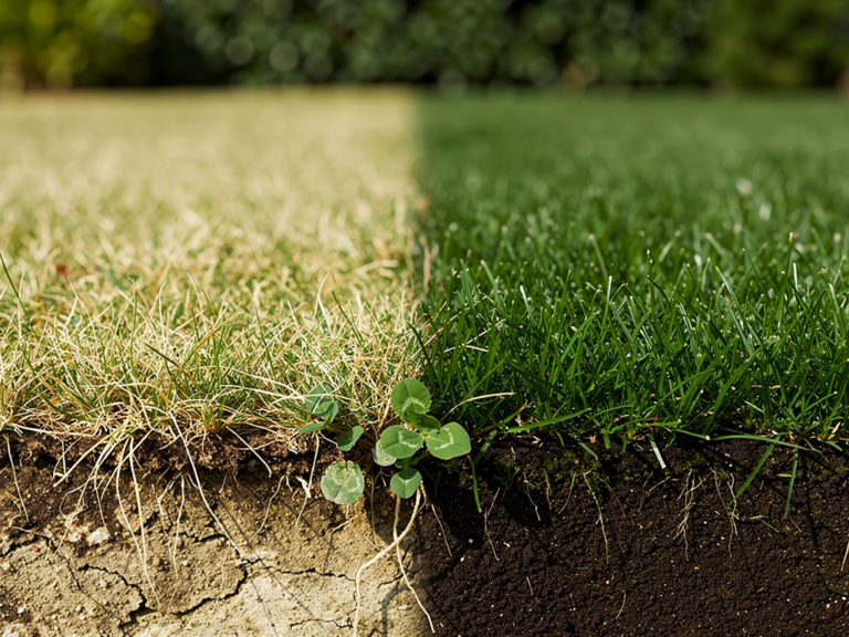 Unterdüngung Rasen vermeiden – Ursachen und Lösungen für gesunden Grün Rasen mit gelben Stellen durch Unterdüngung und Nährstoffmangel im Garten