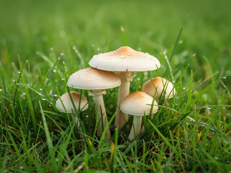 So entwickeln sich Pilze nach Regen schnell im heimischen Rasenteppich Pilze wachsen nach Regen schnell auf feuchtem heimischen Rasen im Garten