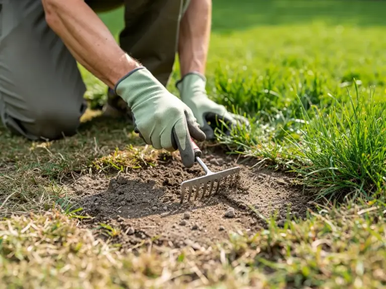 Alte Rasenfläche mit kahlen Stellen vor der Revitalisierung im Gartenboden