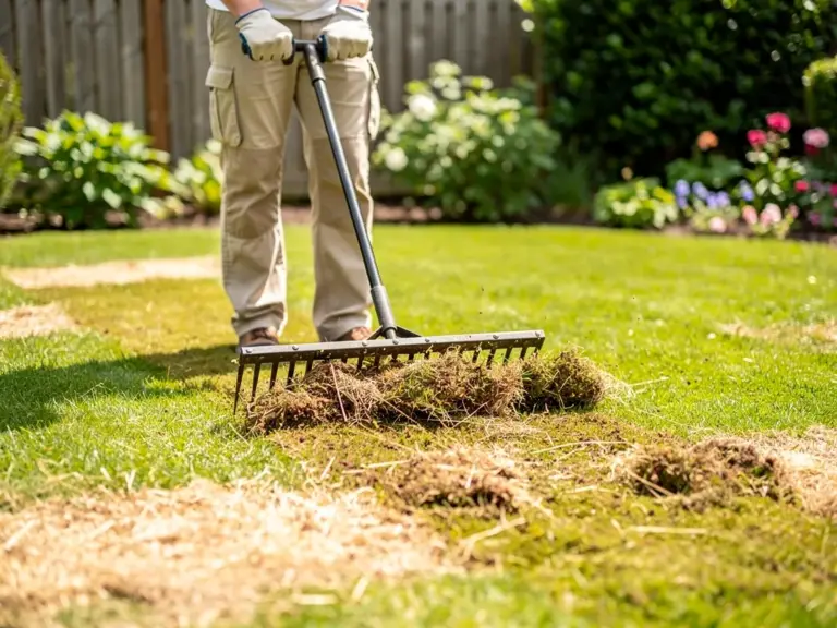 Gesunder Gartenrasen wird durch Vertikutieren Nachsäen und Düngen revitalisiert