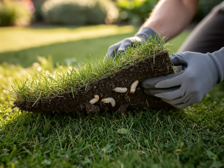 Nahaufnahme von gesundem Rasen und braunen Flecken durch Schädlinge im Garten