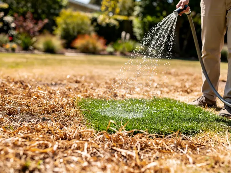 Gesunder Rasen mit grünen Halmen trotz Trockenheitsstress und sonniger Witterung