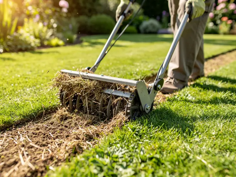 Rasenfläche im Sommer mit sichtbarem Rasenfilz und Pflegewerkzeugen für dichten Rasen