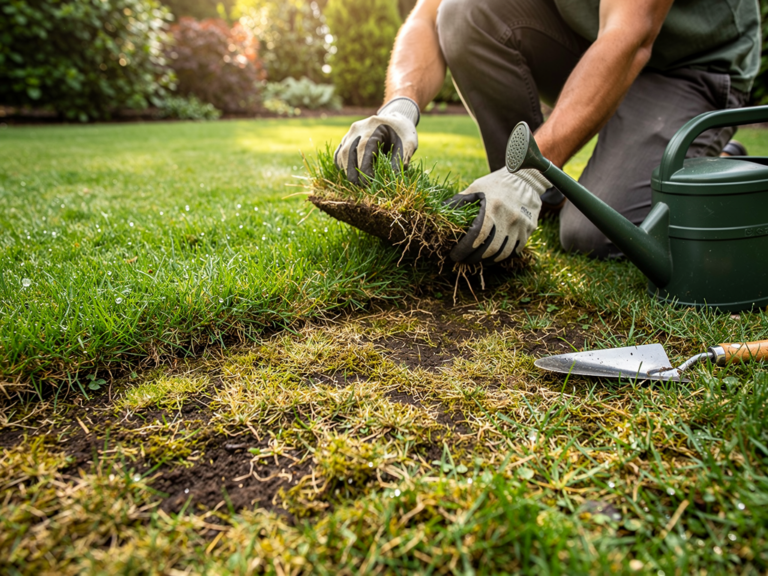 Rasen mit braunen Flecken durch Pilzbefall und Umweltstress im Garten