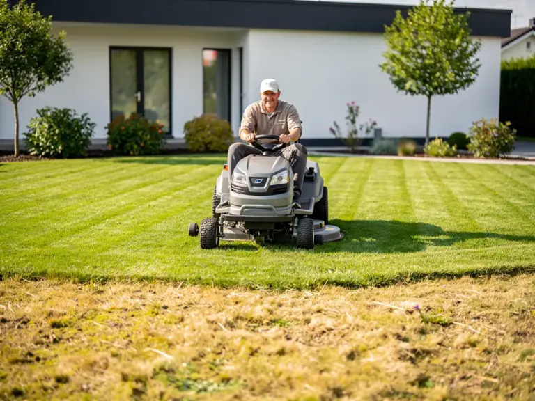 Mäher bei der Arbeit auf gepflegtem Rasen zur Kosteneinsparung beim Service