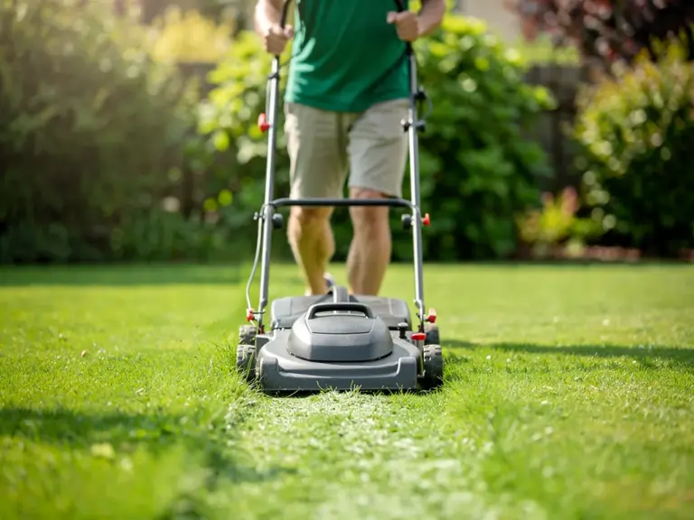 Rasenmähen im Sommer richtig machen – die ideale Schnitthöhe für gesundes Gras Rasenmäher im Einsatz bei sommerlichem Gras mit idealer Schnitthöhe für gesunden Rasen