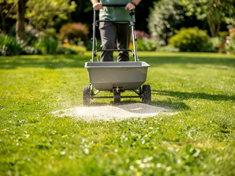 Rasenpflege düngen im Sommer für einen gesunden und dichten Rasen Gesunder grüner Rasen wird im Sommer mit ausgewogenem Dünger gepflegt und gestärkt