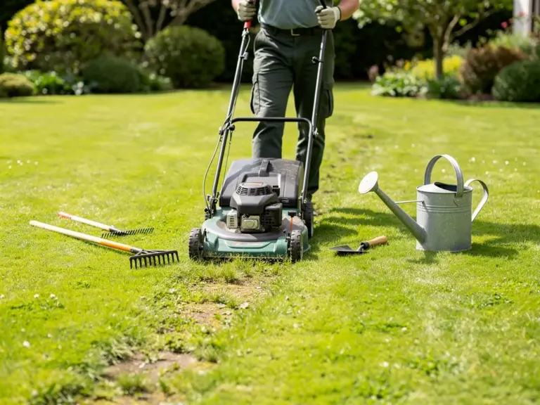 Rasenpflege Kosten verstehen und clever gestalten für einen gesunden, grünen Garten Mann beim Rasenmähen im Garten mit gepflegtem, grünem Grasboden