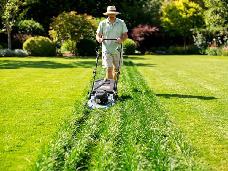 Rasenpflege mähen bei Hitze richtig planen für gesunden Sommerrasen Rasenmäher im Einsatz bei kühlen Morgenstunden für gesunden Sommerrasen