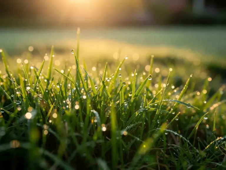 Wie Regen die Sommer-Rasenpflege beeinflusst und richtig genutzt wird Sommerlicher Rasen bei leichtem Regen mit grünem gesundem Gras und nasser Oberfläche