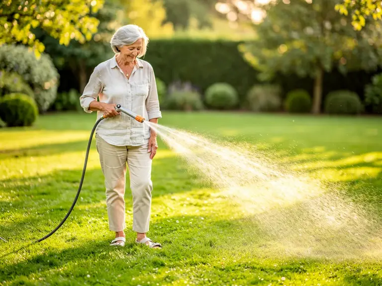Senior nutzt ergonomischen Rasenmäher für schonende Rasenpflege im Sommergarten