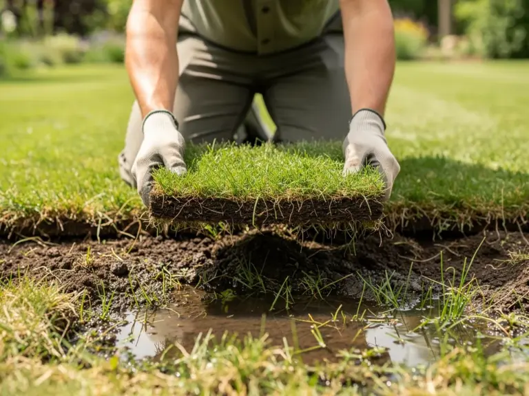 Feuchter Rasen mit Pfützen durch Staunässe und verdichteten Gartenboden